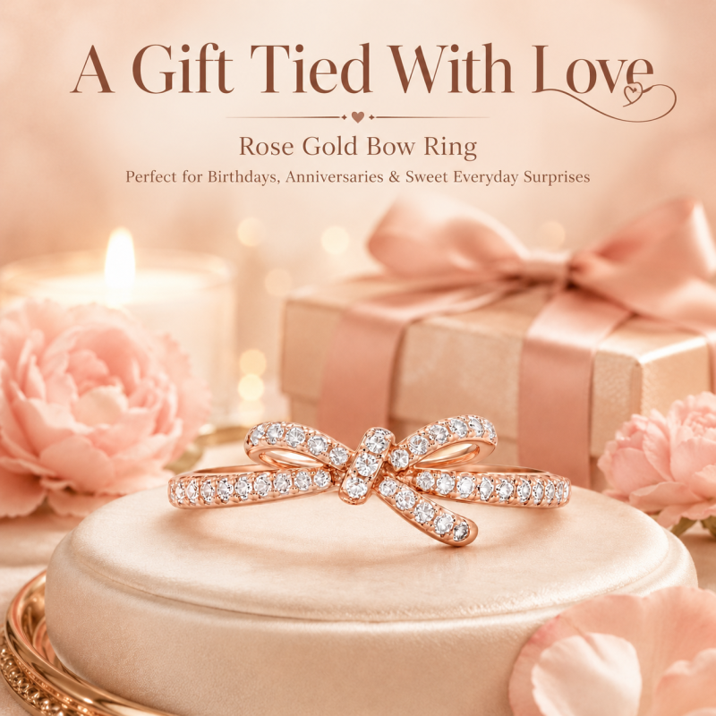 18K Rose Gold Round Cut Moissanite Bow Ring-4