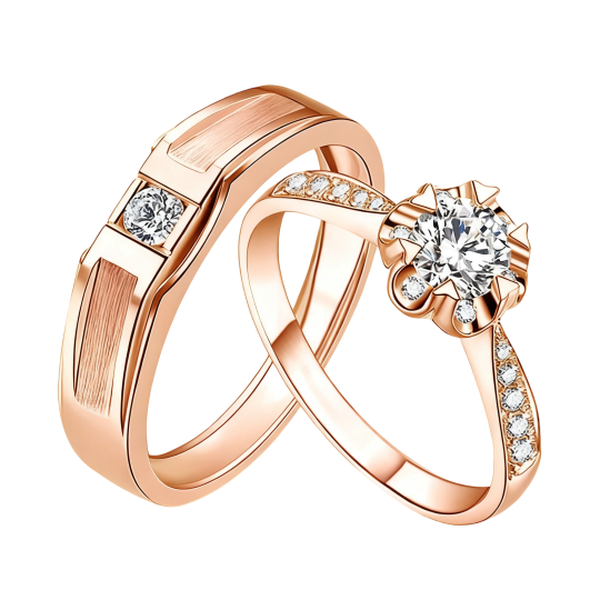 Anillos de pareja de moissanita redonda tallada en oro rosa de 10 quilates