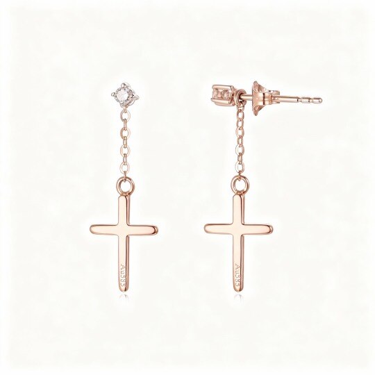 10K Rose Gold Round Cut Moissanite Cross Drop Earrings