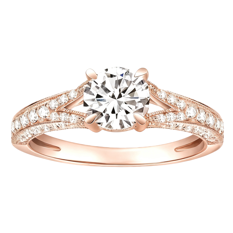 Anillo de compromiso de oro rosa de 10 quilates con moissanita de talla redonda-9