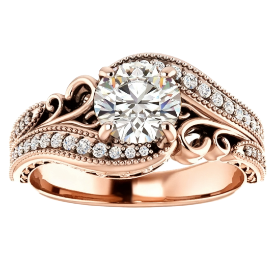Anillo de compromiso de moissanita redonda de oro rosa de 10 quilates