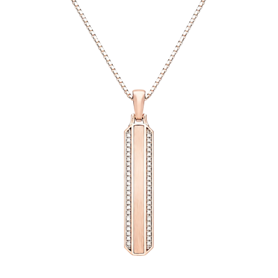 Collana da uomo con barretta personalizzabile in oro rosa 10 carati con moissanite taglio rotondo e possibilità di incisione.