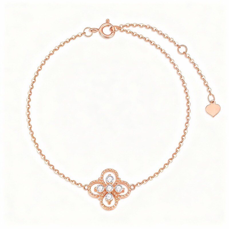 Bracelet à breloques en or rose 18 carats avec moissanite taille ronde et trèfle à quatre feuilles-1