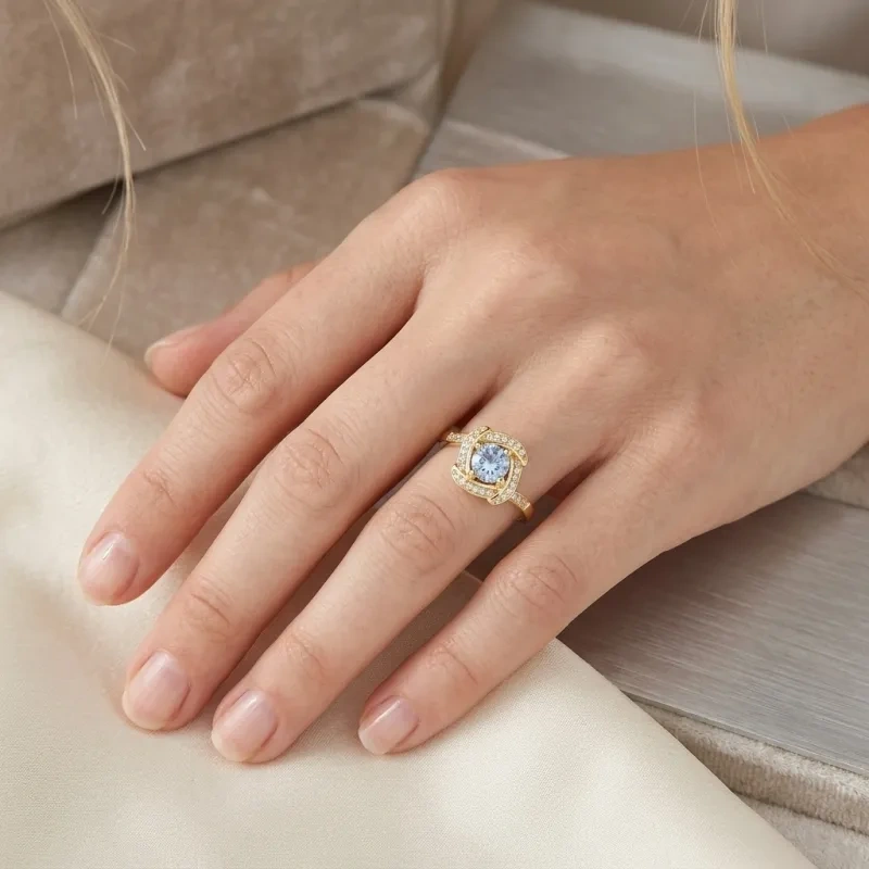 Bague de fiançailles en or rose 10 carats avec halo de moissanite taille ronde-2