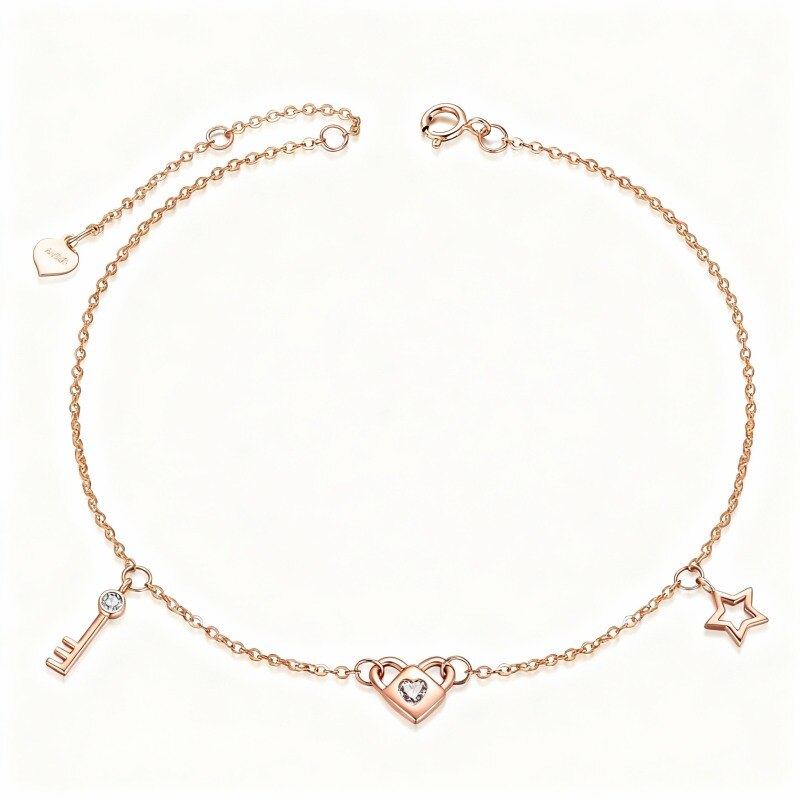 Bracelet à breloques en or rose 14 carats avec moissanite taille ronde en forme de cœur-1