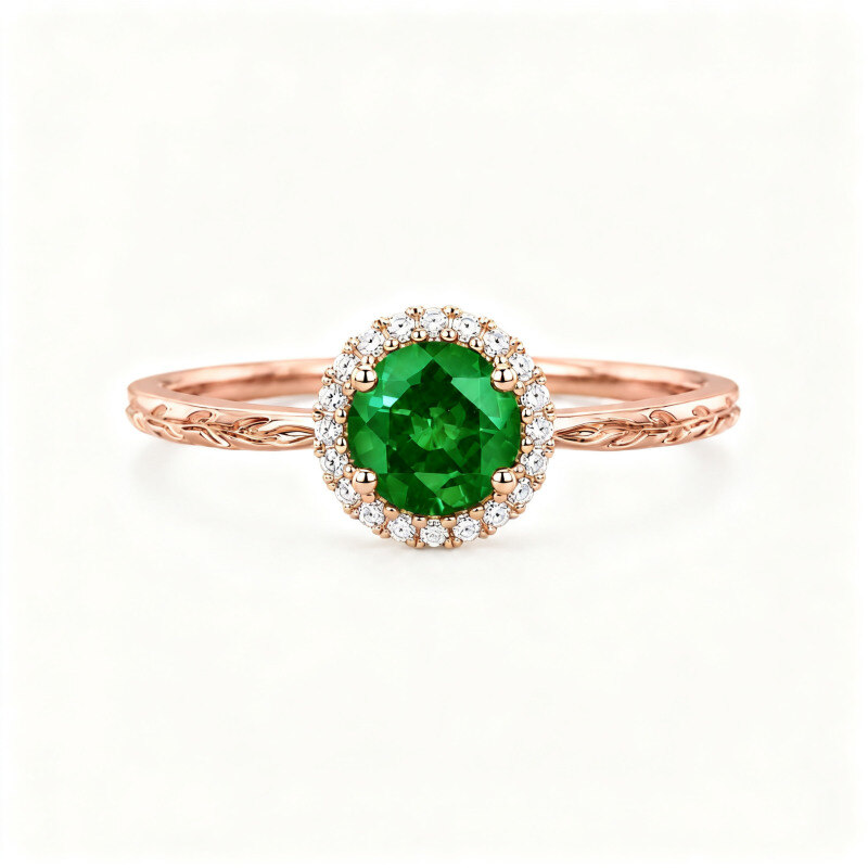 Bague de fiançailles en or rose 10 carats avec moissanite taille ronde et émeraude de synthèse-20