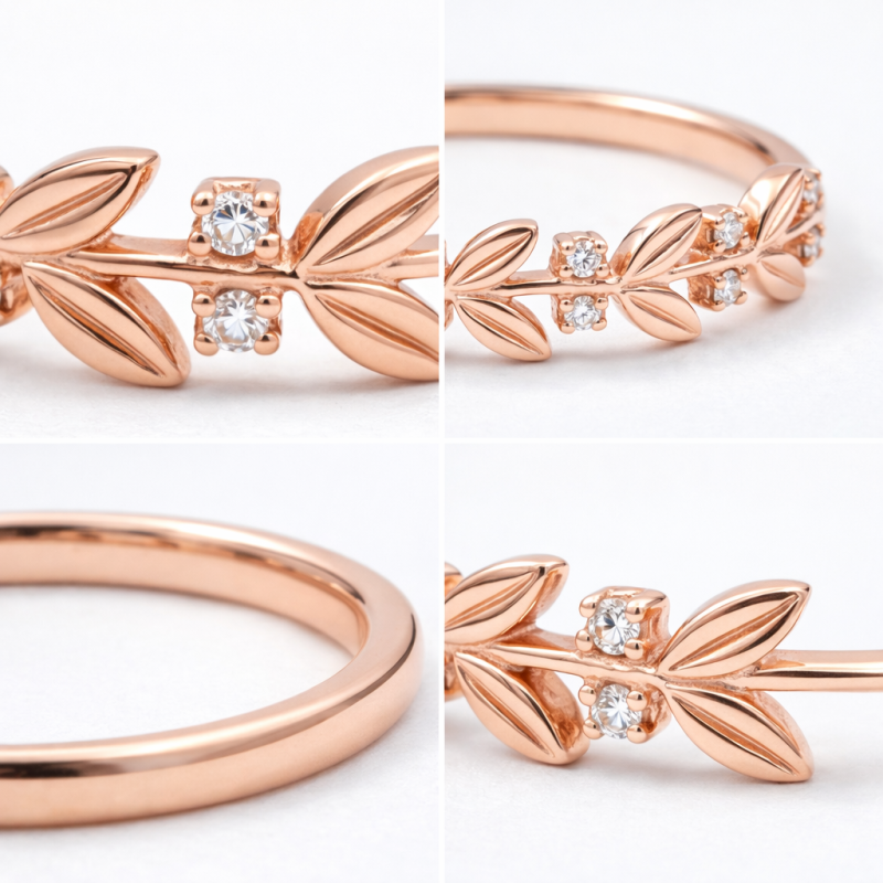 10K Rose Gold Round Cut Moissanite Leaves Ring-3