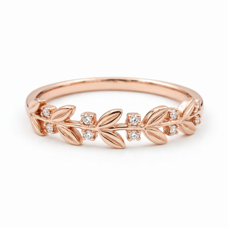 10K Rose Gold Round Cut Moissanite Leaves Ring-1
