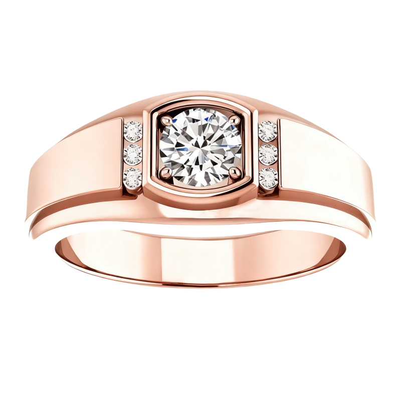 Anillo de oro rosa de 10 quilates con moissanita de talla redonda para hombre-11