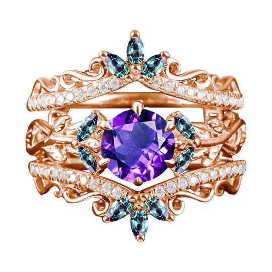 Anello da sposa personalizzato in oro rosa 10K con taglio rotondo in moissanite, agata muschiosa e gemme a forma di edera