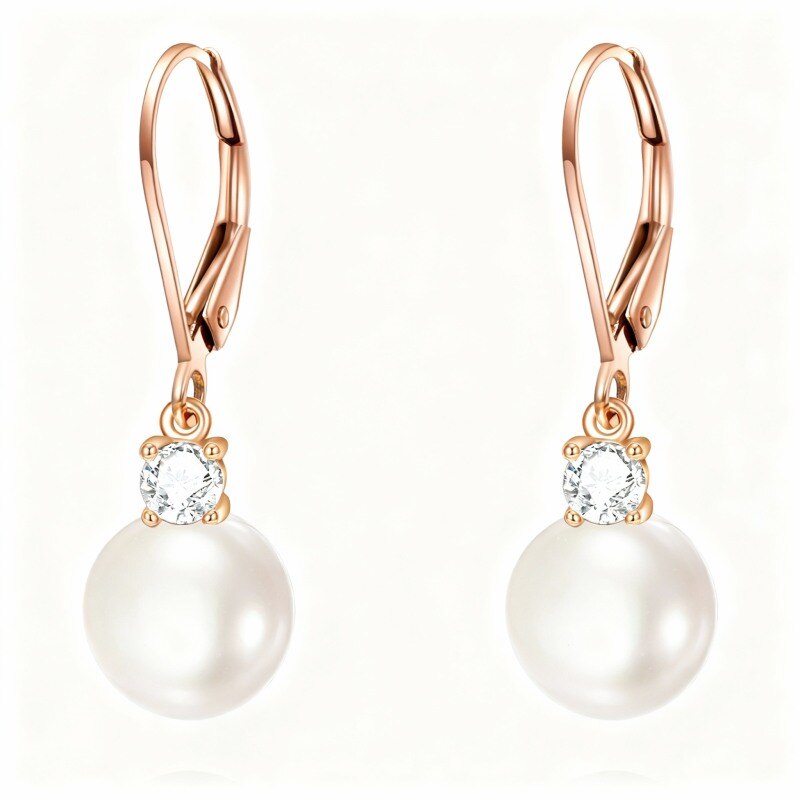 Boucles d'oreilles à fermoir à levier en or rose 10 carats, moissanite taille ronde et perle-1