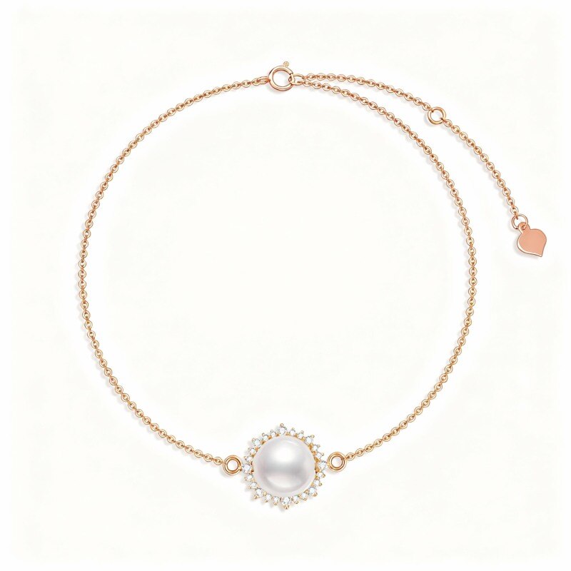 Bracelet en or rose 14 carats avec breloques en moissanite taille ronde et perle-1