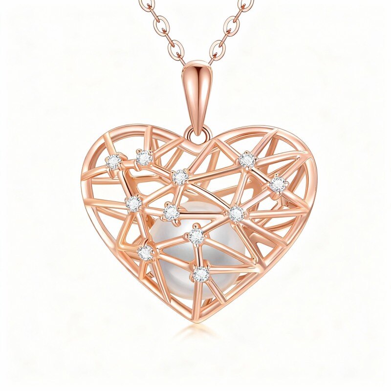 Collar con colgante de corazón de oro rosa de 10 quilates con moissanita de corte redondo y perla-1