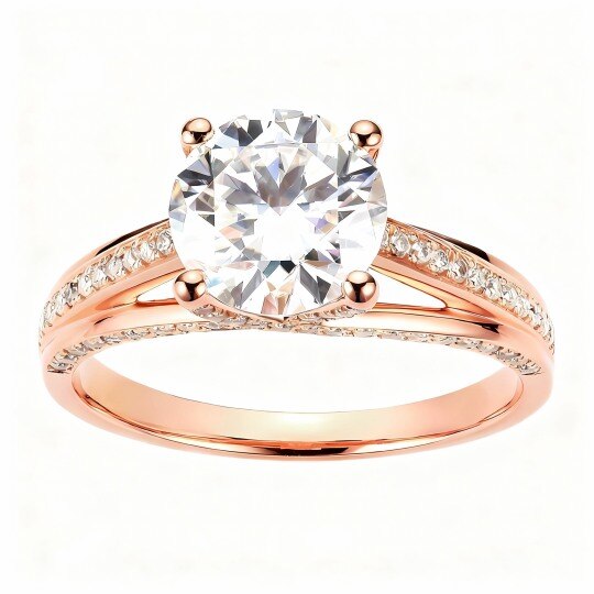 10K Rose Gold Round Cut Moissanite Personalized Engraving & Couple Engagement Ring