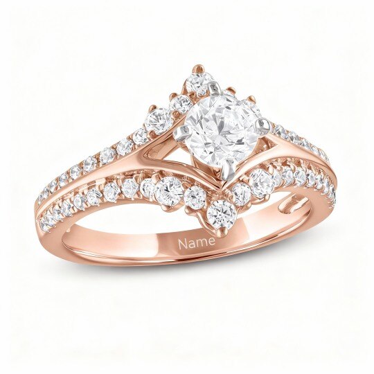 Anillo de compromiso de oro rosa de 10 quilates con moissanita de talla redonda y grabado personalizado