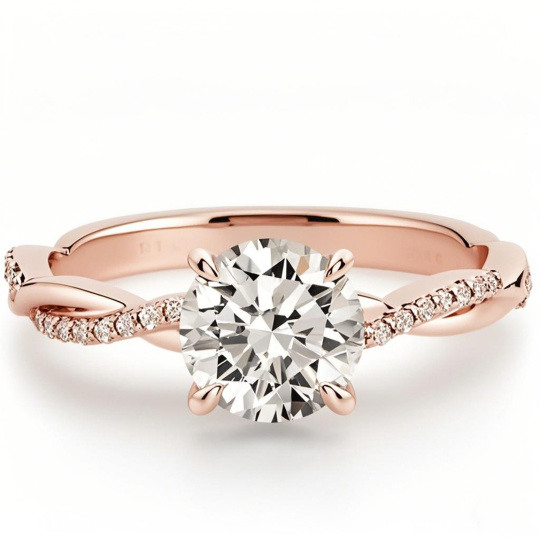 Anillo de compromiso de oro rosa de 10 quilates con banda retorcida y moissanita de talla redonda.