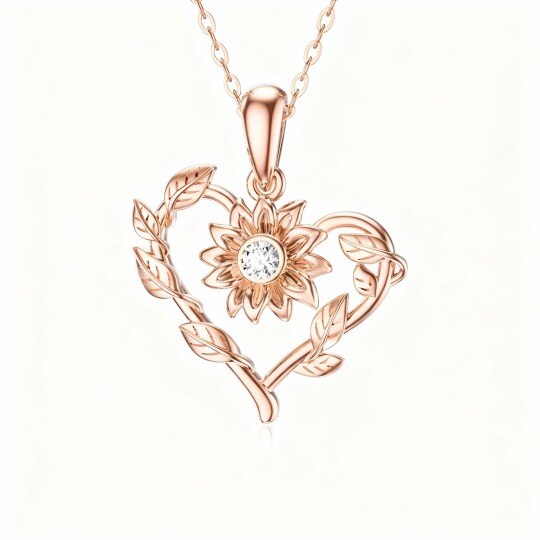 10K Rose Gold Round Cut Moissanite Sunflower & Heart Pendant Necklace