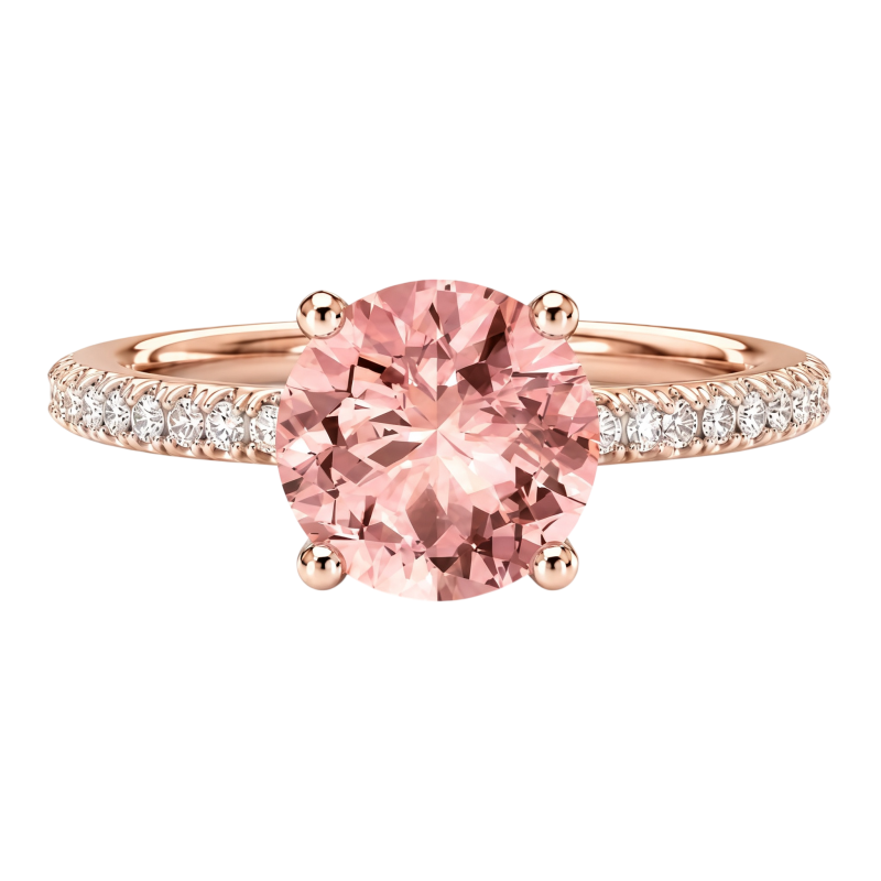 Anillo de compromiso personalizado de oro rosa de 10 quilates con morganita de talla redonda, color D, claridad VVS1, 3EX.-2