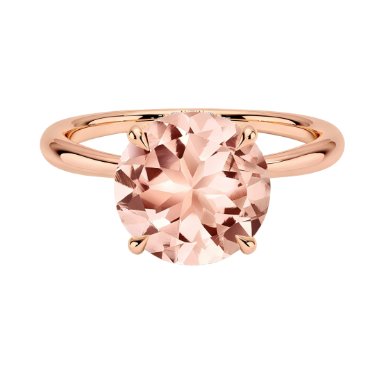 Anillo de compromiso personalizado de oro rosa de 10 quilates con morganita de talla redonda, color D, claridad VVS1, 3EX.
