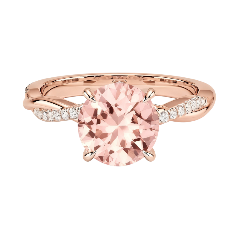 Anillo de compromiso personalizado de oro rosa de 10 quilates con morganita de talla redonda, color D, claridad VVS1, 3EX.-5