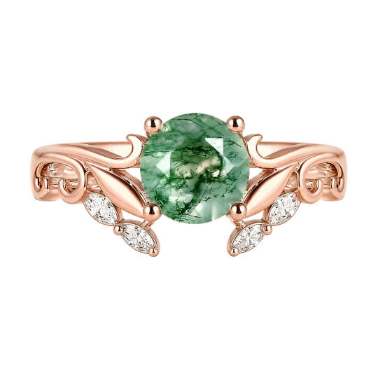 Anillo de compromiso personalizado de oro rosa de 10 quilates con ágata musgosa de talla redonda.