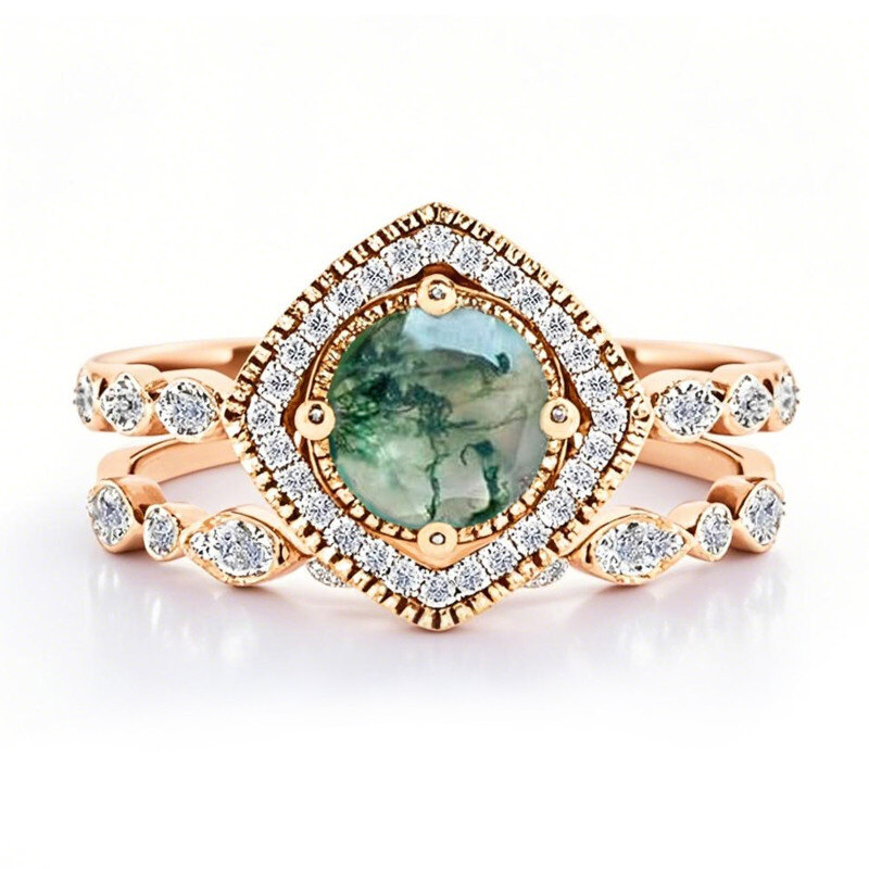 Anillo de compromiso de oro rosa de 10 quilates con ágata musgosa de corte redondo-19