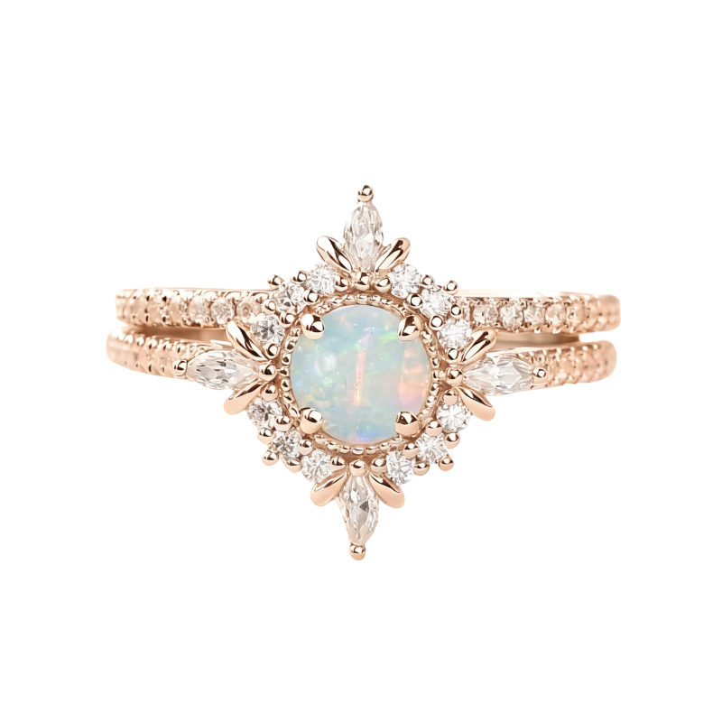 Ensemble de mariée halo personnalisé en or rose 10 carats avec opale taille ronde-17