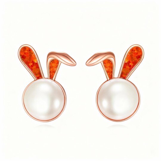 10K Rose Gold Round Cut Opal & Pearl Rabbit Stud Earrings