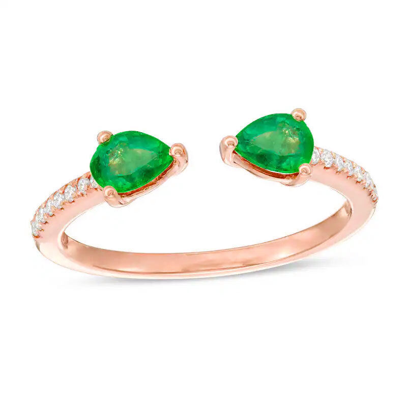 14-karätiger Roségoldring mit rundem und birnenförmigem Diamanten und Smaragd, individuell gefertigt, offener Ring, Farbe I2, Reinheit 3EX-1