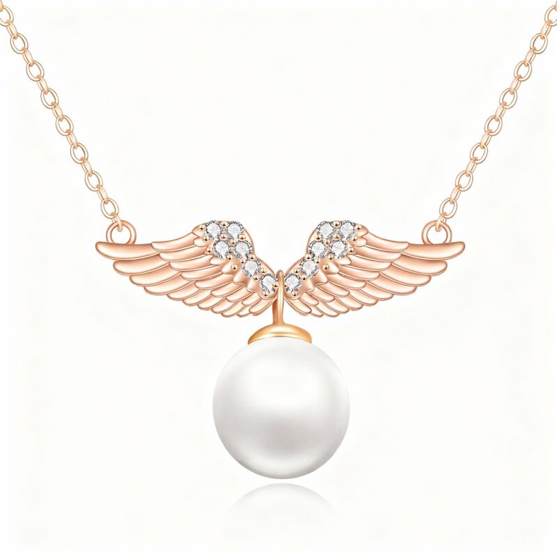 Collar con colgante de ala de ángel de perla tallada redonda en oro rosa de 14 quilates-1