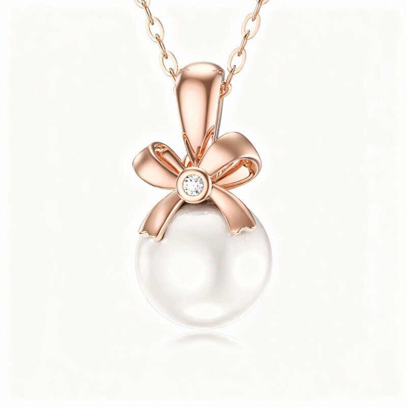 14K Rose Gold Round Cut Pearl Bow Pendant Necklace-1