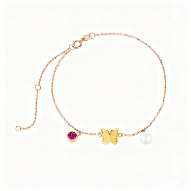 Pulsera con dije de mariposa y perla de corte redondo en oro rosa de 14 quilates-1