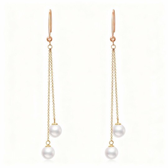 Boucles d'oreilles pendantes pour couple en or rose 10 carats et perles rondes.