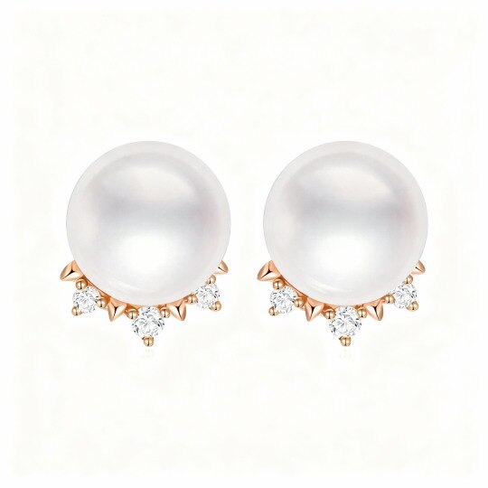 10K Rose Gold Round Cut Pearl Crown Stud Earrings