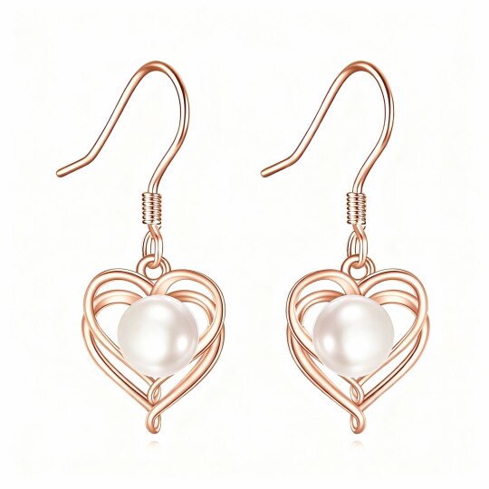 10K Rose Gold Round Cut Pearl Heart Drop Earrings