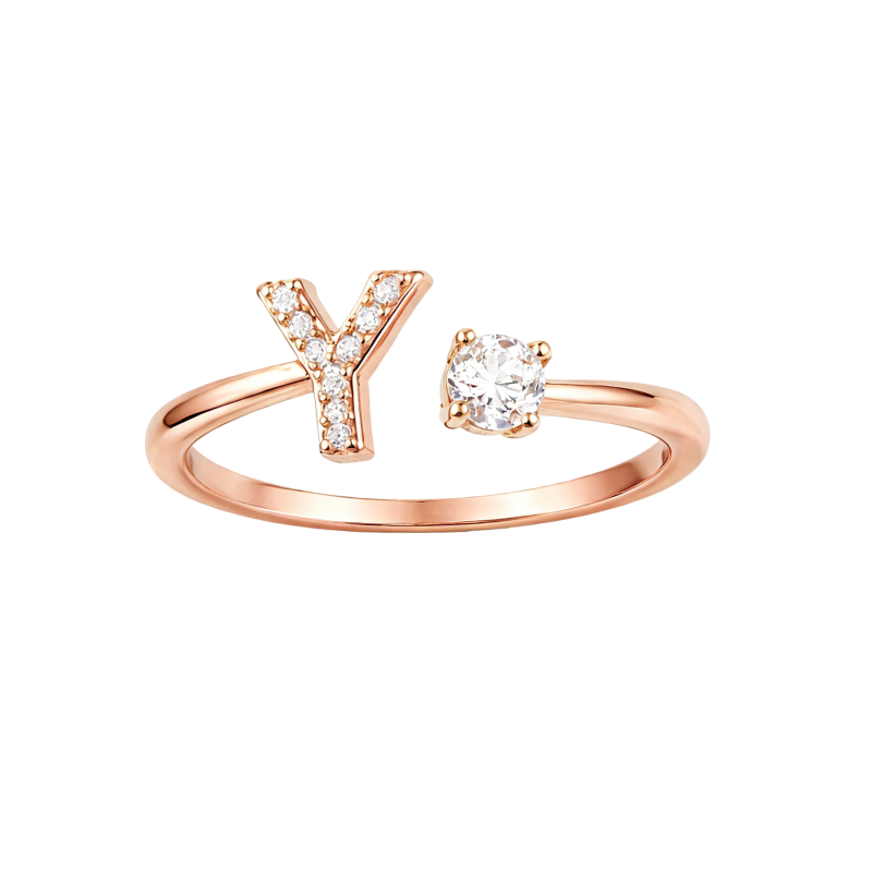 14K Rose Gold Round Cut & Princess Cut Personalized Initial Letter Initial Ring-1