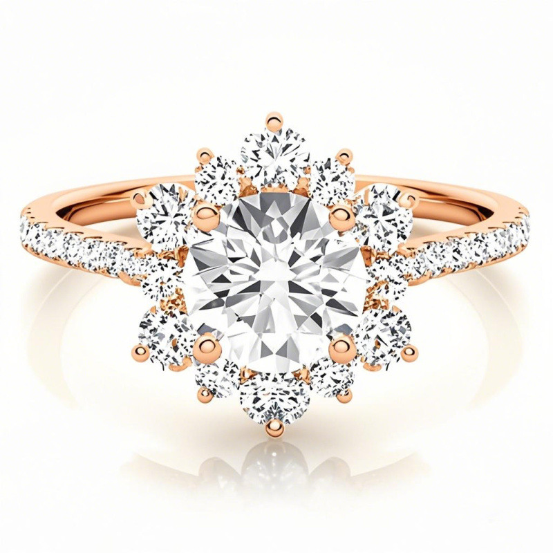 Anillo de compromiso de oro rosa de 10 quilates con moissanita de talla redonda en forma de copo de nieve.-18