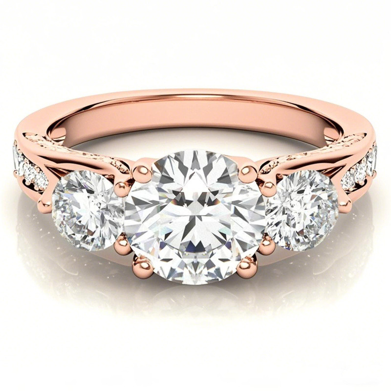 10K Rose Gold Round Cut Three-Stone Moissanite Engagement Ring-17