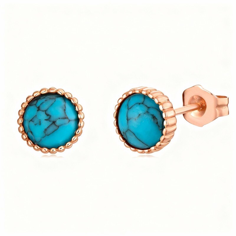 10K Rose Gold Round Cut Turquoise Round Stud Earrings-1