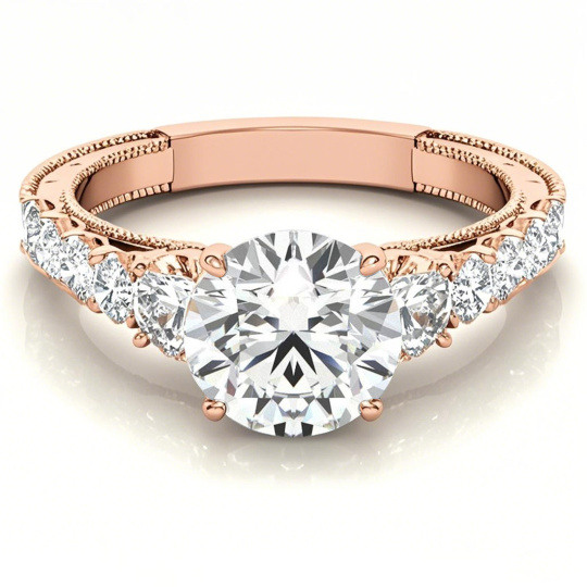 Anillo de compromiso vintage de oro rosa de 10 quilates con moissanita de talla redonda