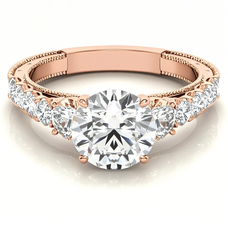 14K Rose Gold Round Cut Sidestone Moissanite Engagement Ring-1