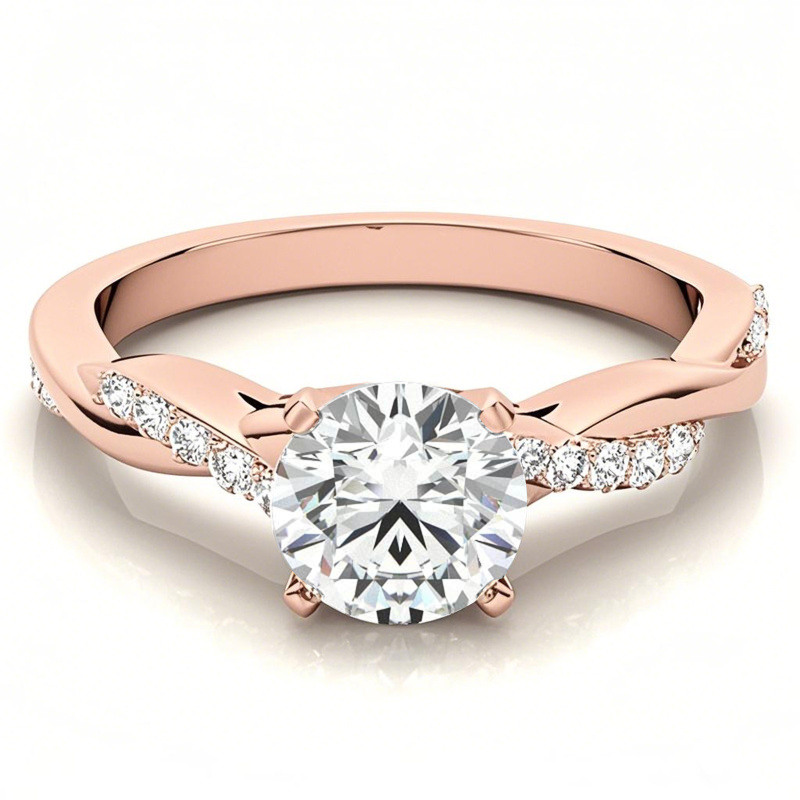 Anillo de compromiso de oro rosa de 10 quilates con moissanita redonda-14