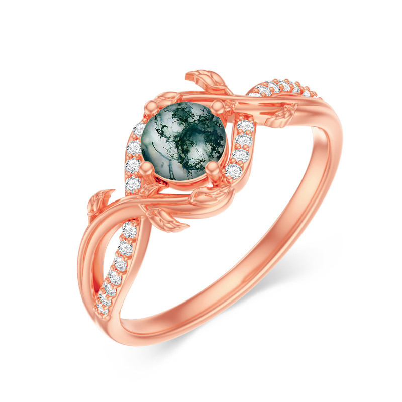 Anillo de oro rosa de 10 quilates con ágata musgosa redonda y grabado personalizado-3
