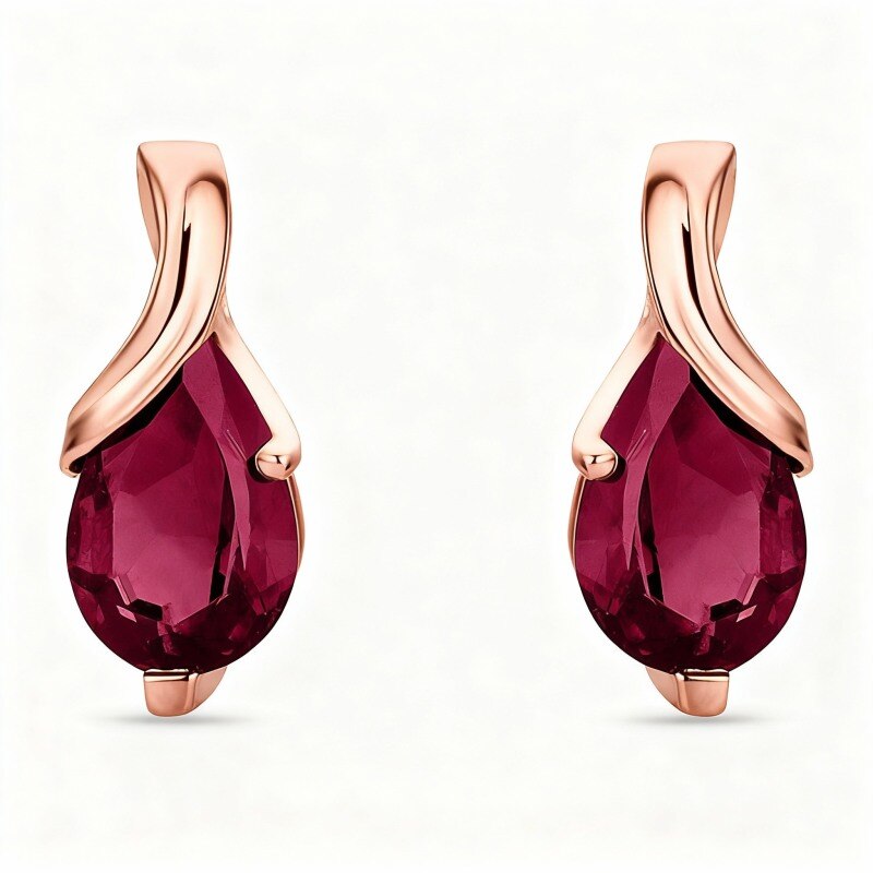 14K Rose Gold Ruby Grandmother & Mother & Drop Shape Stud Earrings-1