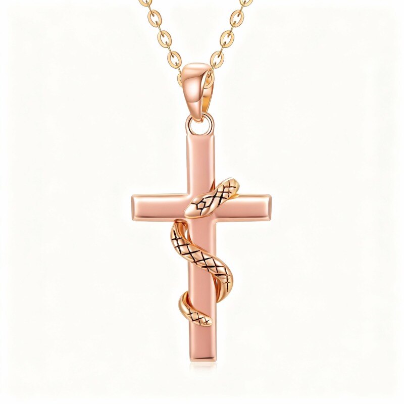 Collar con colgante de serpiente y cruz en oro rosa de 10 quilates-1