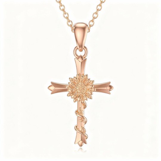 Halskette mit Sonnenblumen- und Kreuzanhänger aus 10-karätigem Roségold