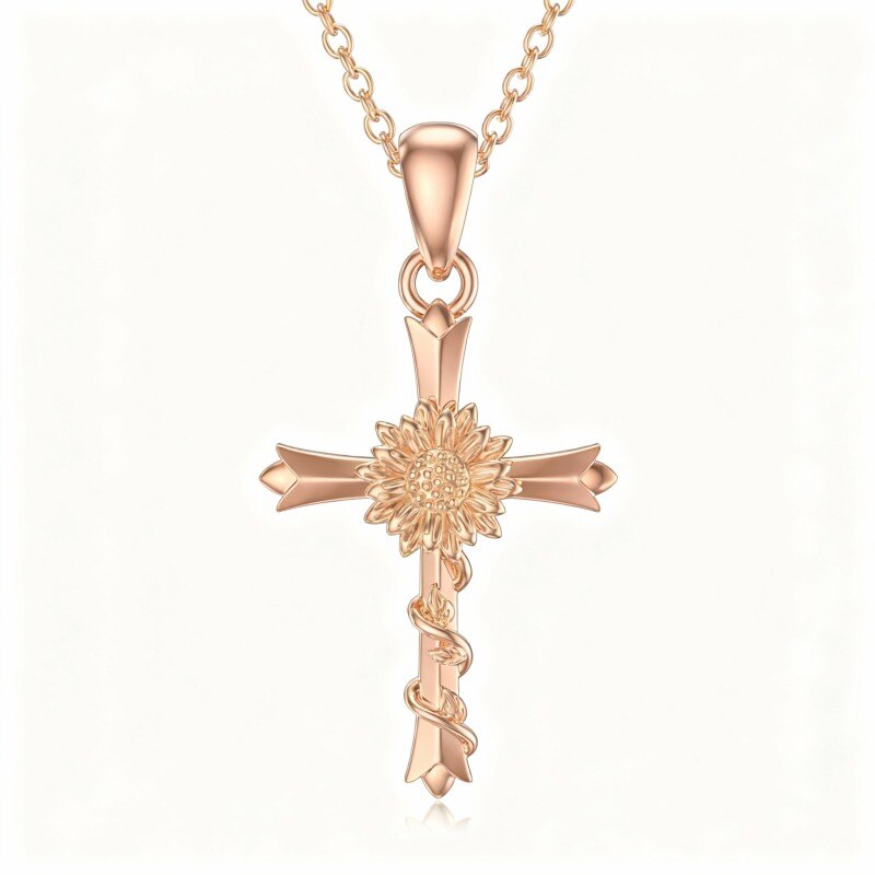 Collier pendentif tournesol et croix en or rose 18 carats-1