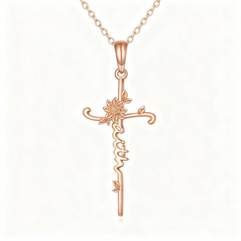 Collier pendentif tournesol et croix en or rose 10 carats avec inscription gravée-1