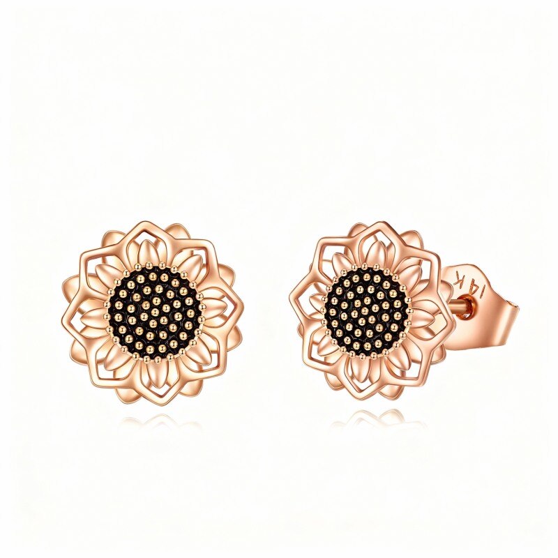 10K Rose Gold Sunflower Stud Earrings-1