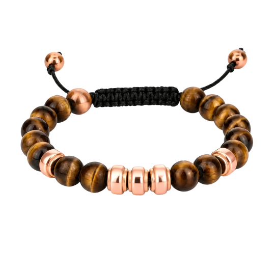 10K Rose Gold Tiger Eye Stone Engravable & Father & Daughter & Father & Son Metal Beads Bracelet for Men